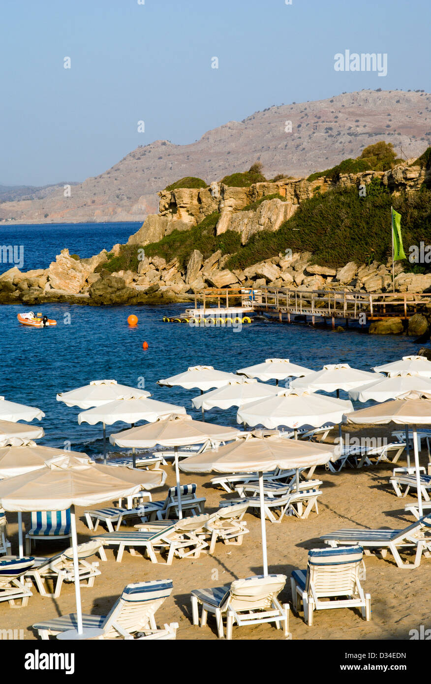 Pefkos main beach, Pefkos, Lindos, Rhodes, Dodecanese Islands, Greece. Stock Photo