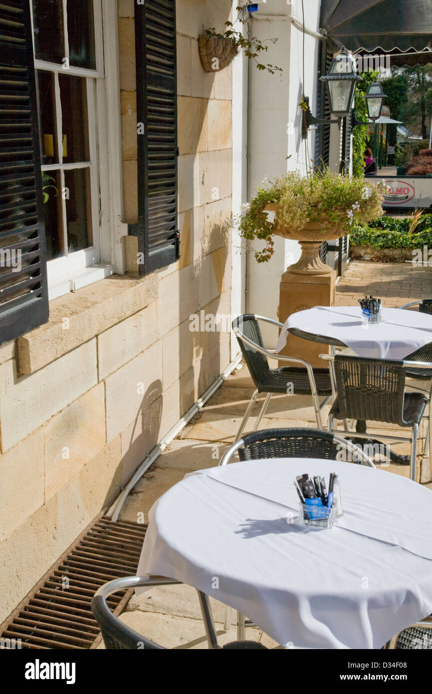 outdoor dining tables at a restaurant in Berrima, NSW,Australia Stock