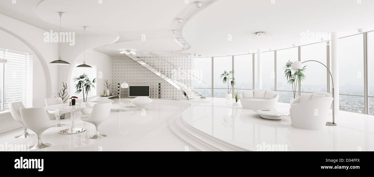 Interior of modern apartment living dining room panorama 3d render ...