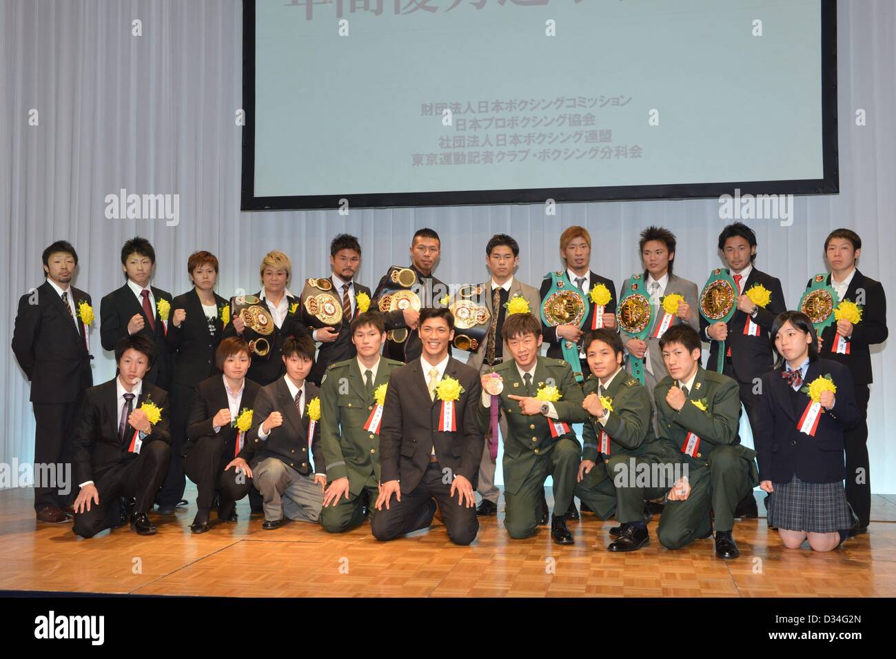 Prize winners, JANUARY 25, 2013 - Boxing : Japan's Boxer of the Year Award 2012 at Tokyo Dome Hotel in Tokyo, Japan. (Photo by Hiroaki Yamaguchi/AFLO)<br>(Top row <> - L to R)<br>Akira Yaegashi ()<br>Naoya Inoue <br>Tsunami Tenkai ()<br>Naoko Yamaguchi ()<br>Kohei Kono <br>Takashi Uchiyama <br>Kazuto Ioka () ()<br>Yota Sato <br>Toshiyuki Igarashi <br>Shinsuke Yamanaka  KO<br>Momo Koseki ()<br><br>(Bottom row <> - L to R)<br>Sho Nakazawa <br>Tomoko Kugimiya <br>Madoka Wada <br>Yasuhiro Suzuki <br>Ryota Murata <br>Satoshi Shimizu <br>Katsuaki Susa <br>Daisuke Narimatsu <br>Kasumi Saeki Stock Photo