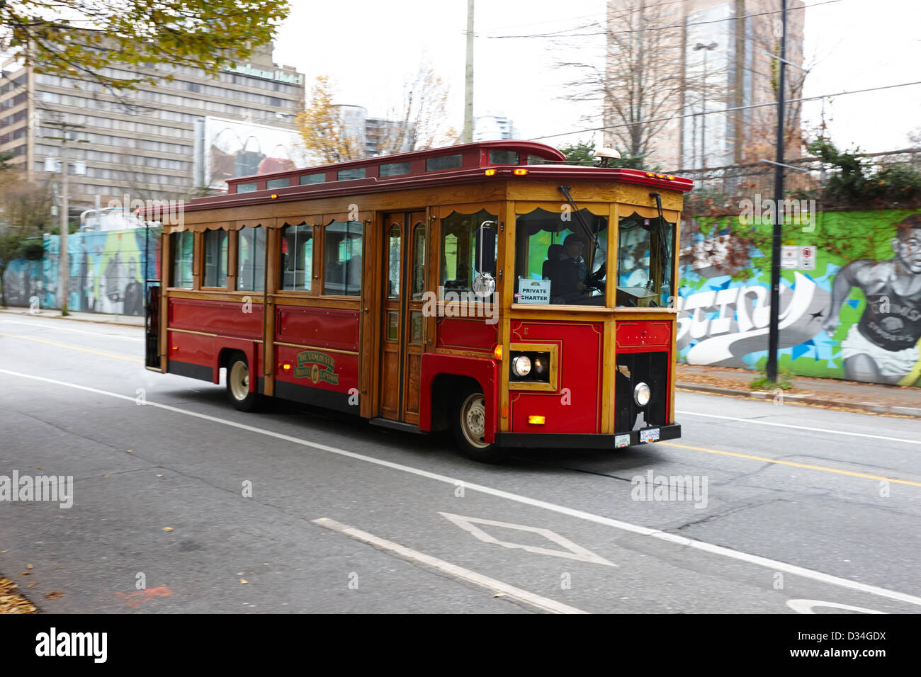 Vancouver trolley company hop on hop off tour private charter BC Canada Stock Photo