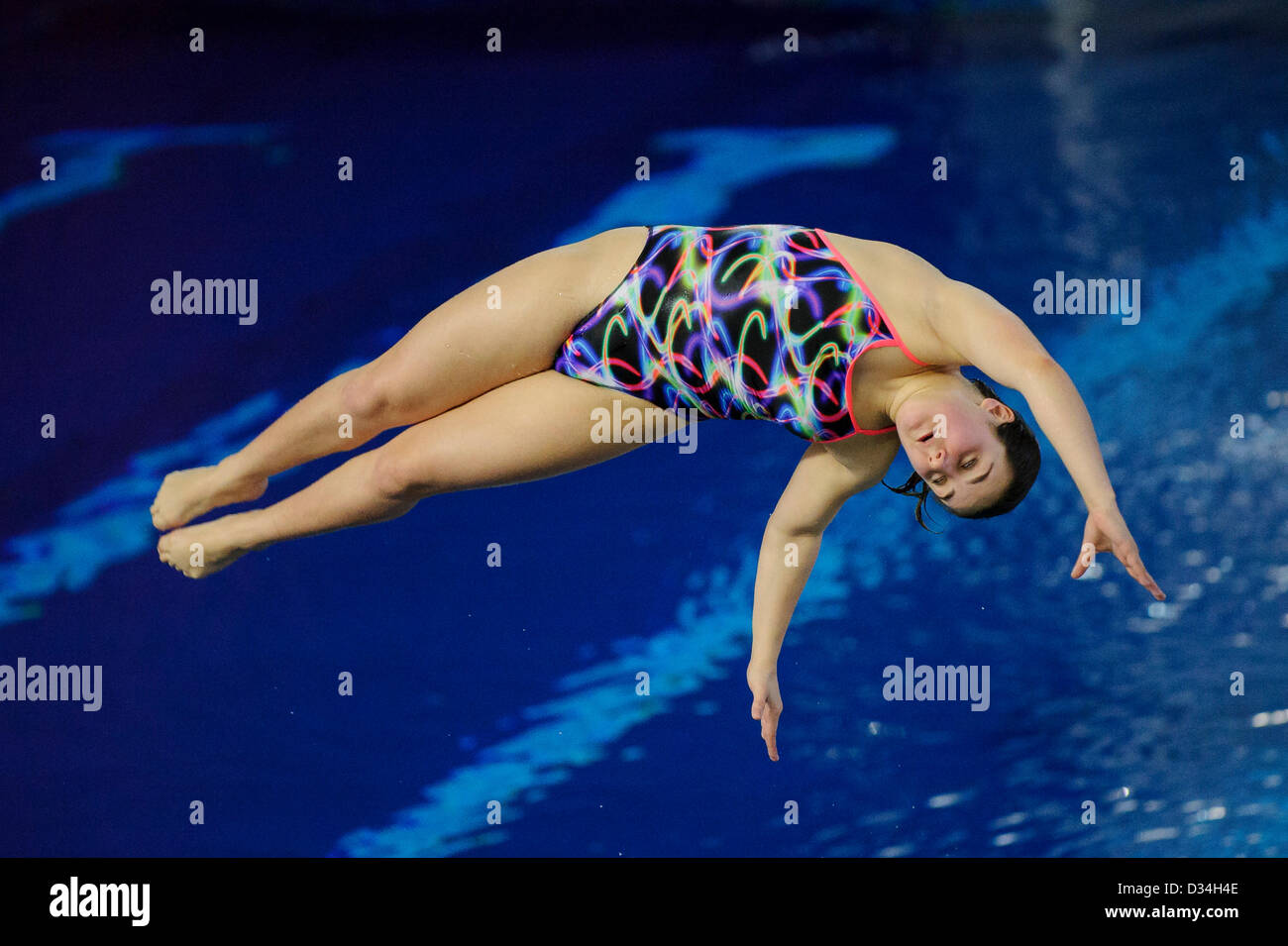 Plymouth, England. 8th February 2013. Amber Sheppard (Crystal Palace Diving Club) in action during the during Womens 1m Springboard Preliminary on Day 1 of the British Gas Diving Championships 2013 at Plymouth Life Centre. Credit:  Action Plus Sports Images / Alamy Live News Stock Photo