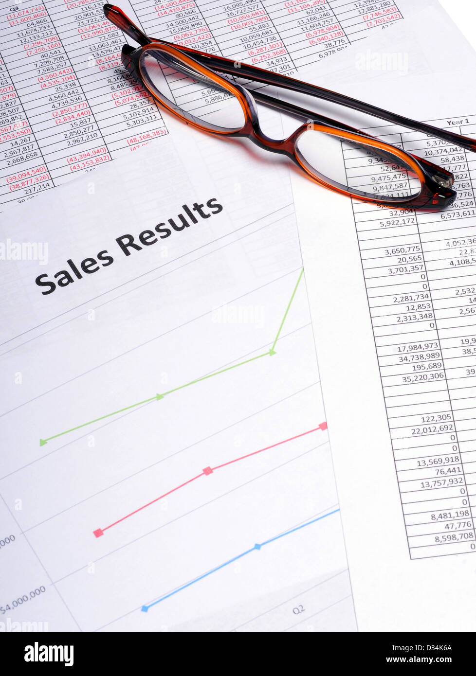 Business Charts and graphs showing sales results with a pair of glasses Stock Photo