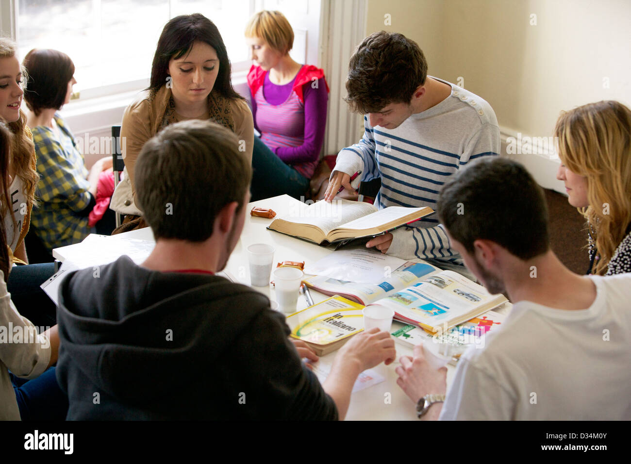 Teenage male and female students studying in a common room Stock Photo