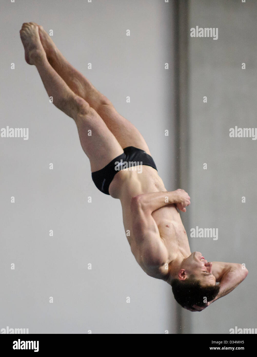 Plymouth, UK. 8th February 2013. Eventual Winner Oliver Dingley (Southend Diving Club) in action during the Mens 1m Springboard Final on Day 1 of the British Gas Diving Championships 2013 at Plymouth Life Centre. Credit:  Action Plus Sports Images / Alamy Live News Stock Photo