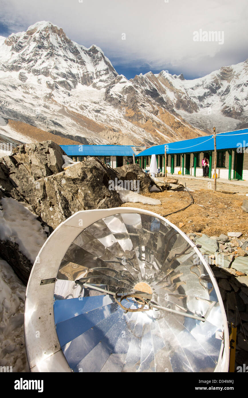 A solar cooker for baking bread at Annapurna Base Camp, Himalayas, Nepal. Stock Photo