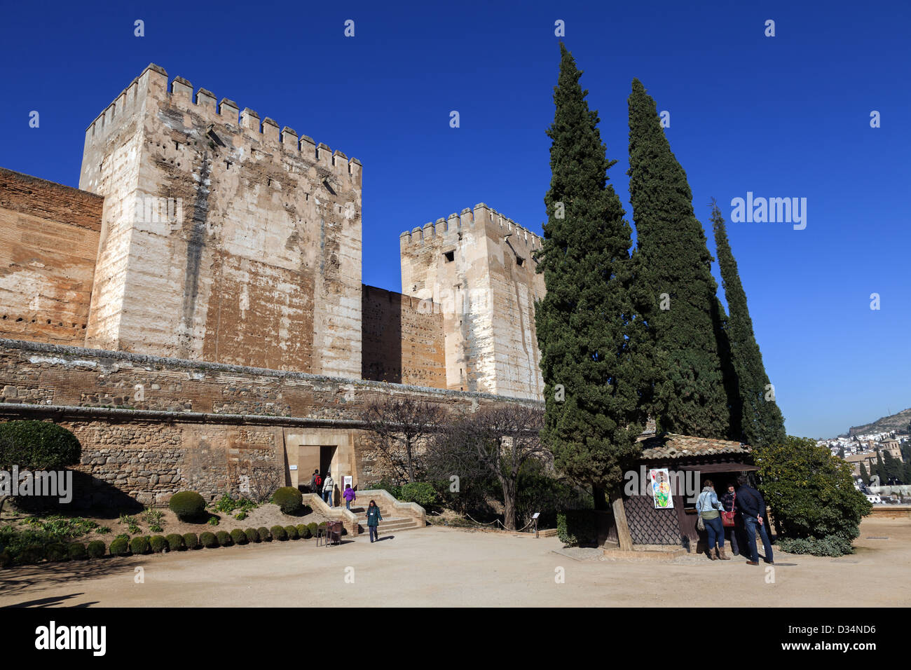 Entrance to the Alcazaba from the Plaza de los Aljibes (Square of the Cisterns) in the Alhambra Granada Spain Stock Photo