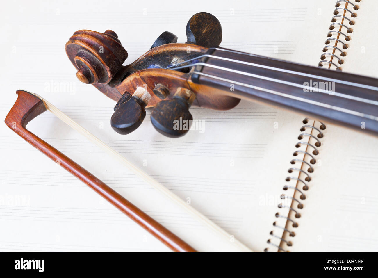 fiddle bow and scroll on music book close up Stock Photo