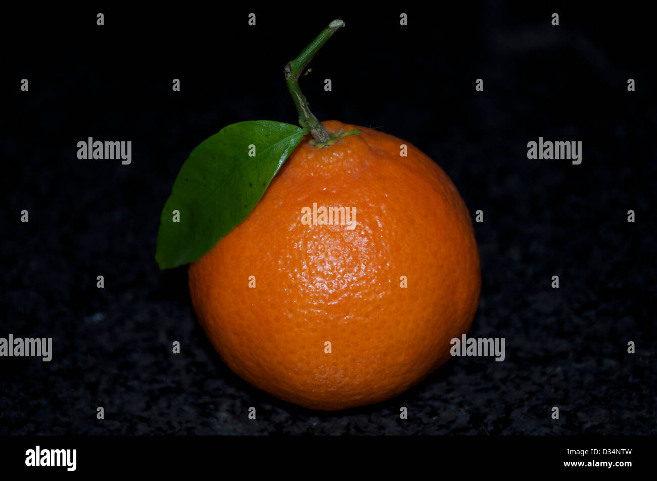 Green leaf sits on top of an orange / satsuma / clementine / mandarin