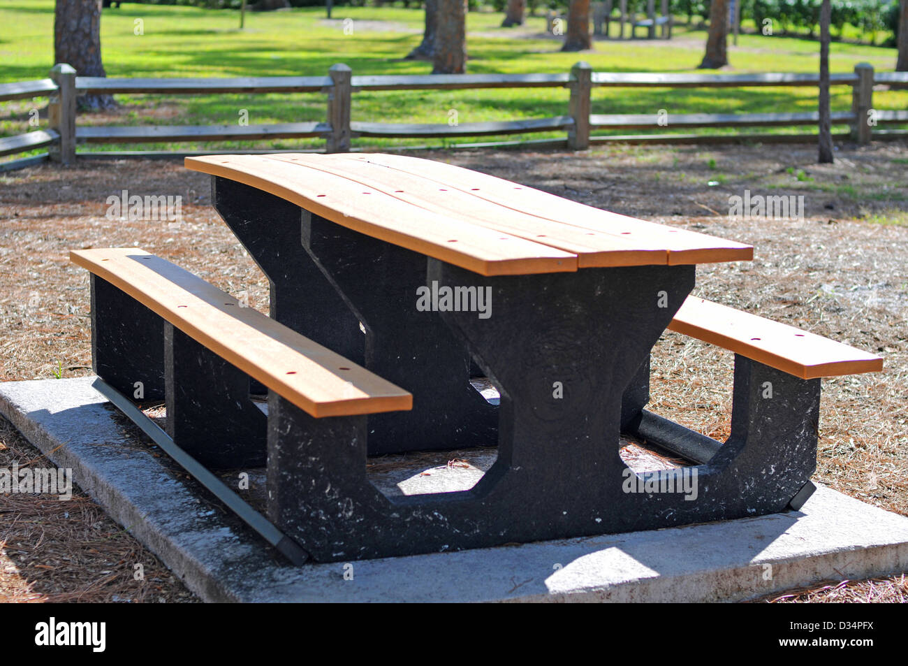 empty picnic table outdoors with nobody in summer at park Stock Photo