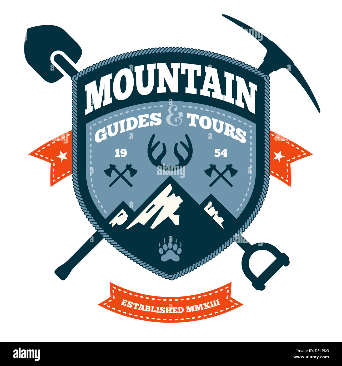 Mountain themed outdoors emblem with tools and axes Stock Photo