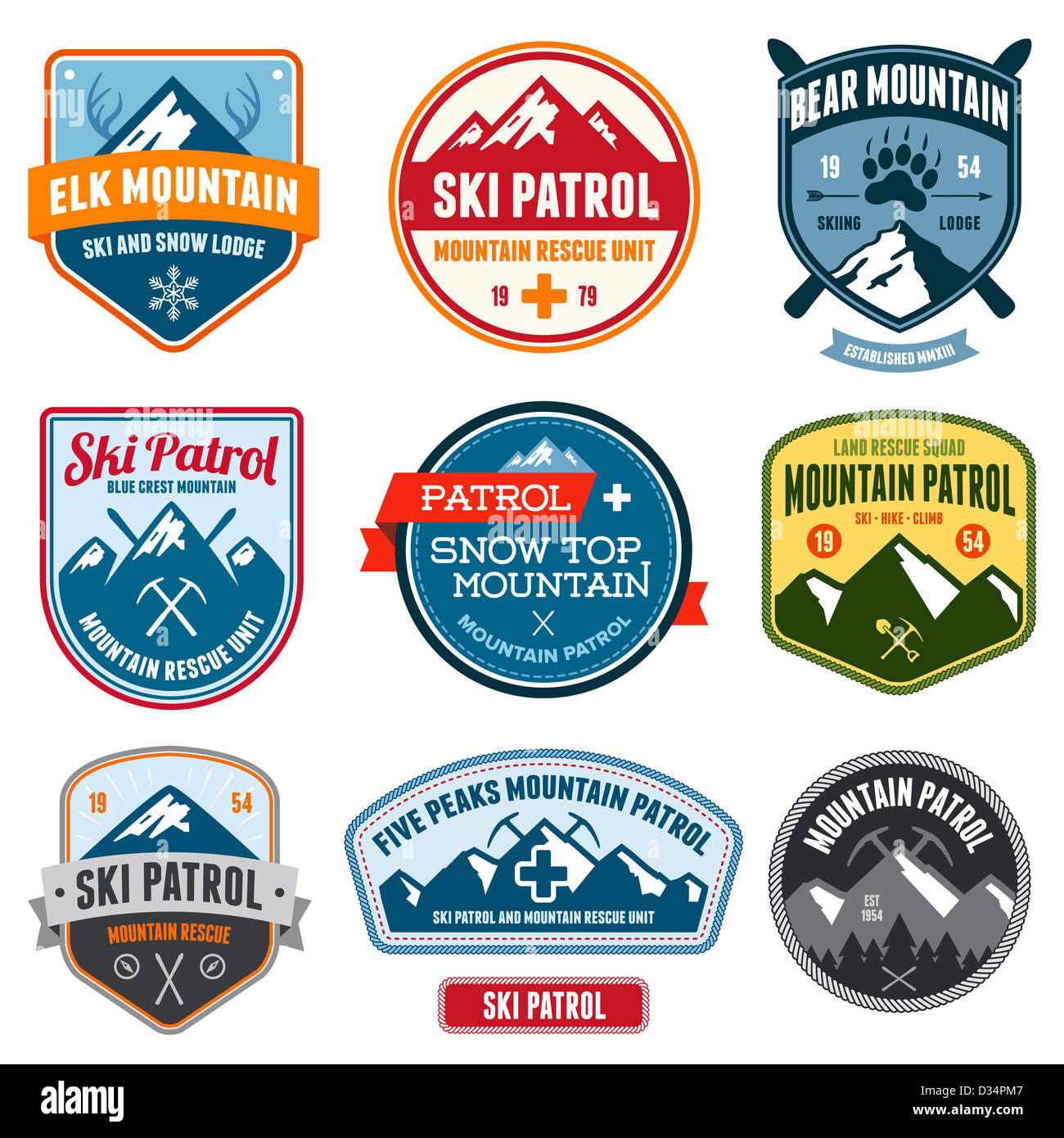 Set of ski patrol mountain badges and patches Stock Photo