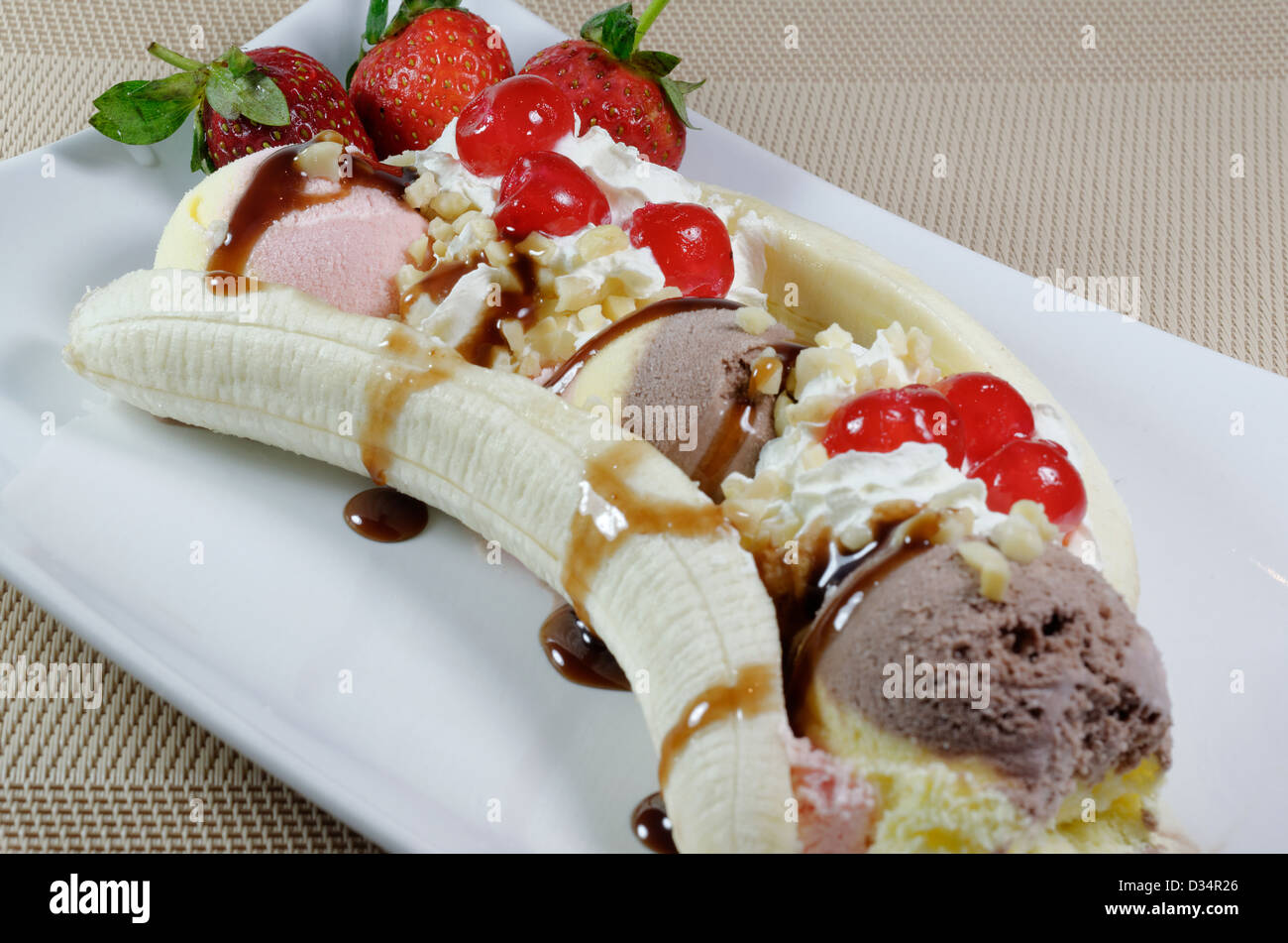 A Banana Split dessert Stock Photo
