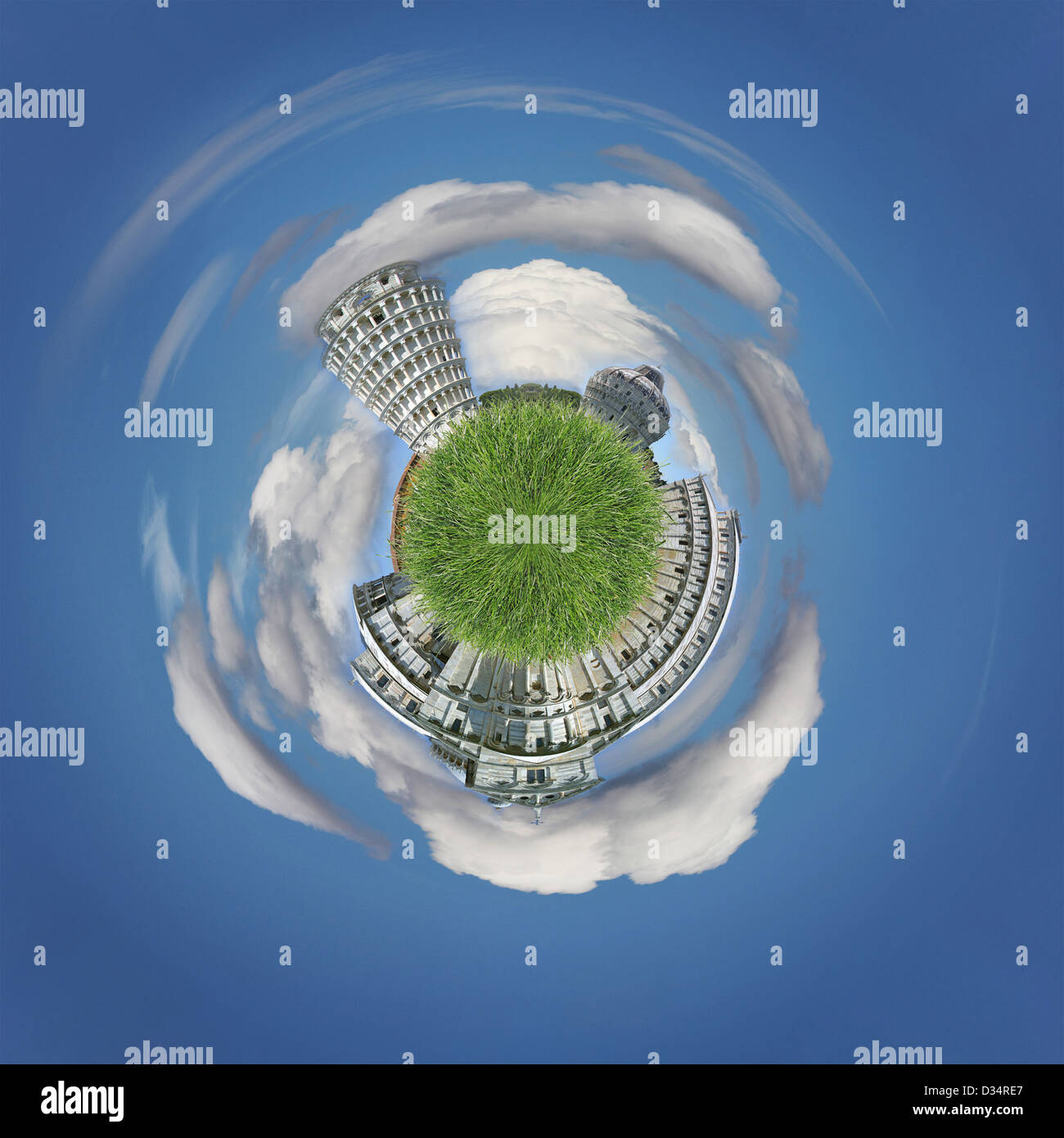 Cathedral and leaning tower of Pisa as a planet floating in the sky area Stock Photo