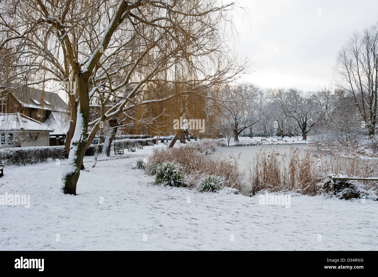 Barnes pond lake pond snow scenic winter Londom UK Stock Photo