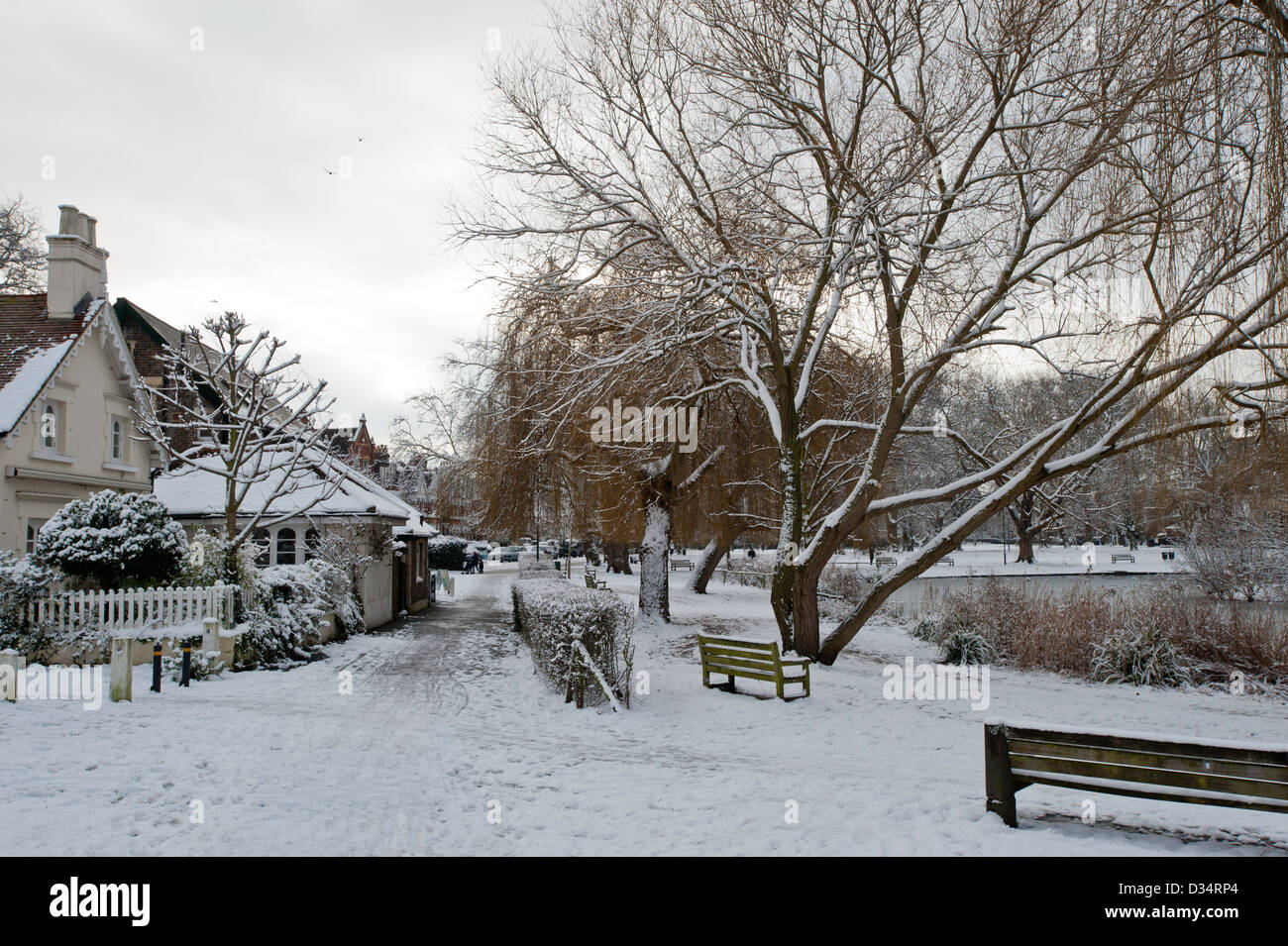 Barnes pond lake pond snow scenic winter Londom UK Stock Photo