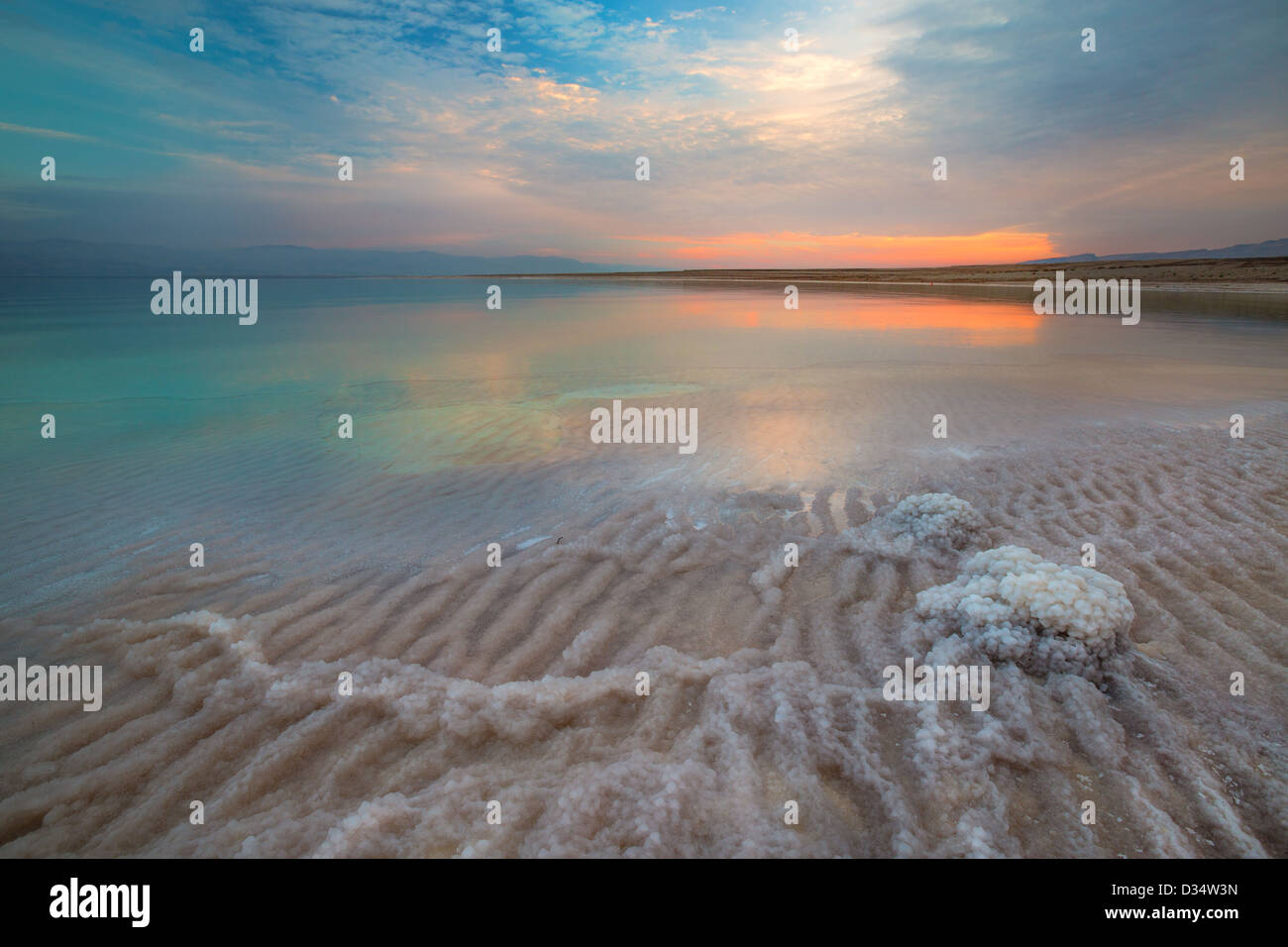 View of Dead Sea coastline at sunset time Stock Photo