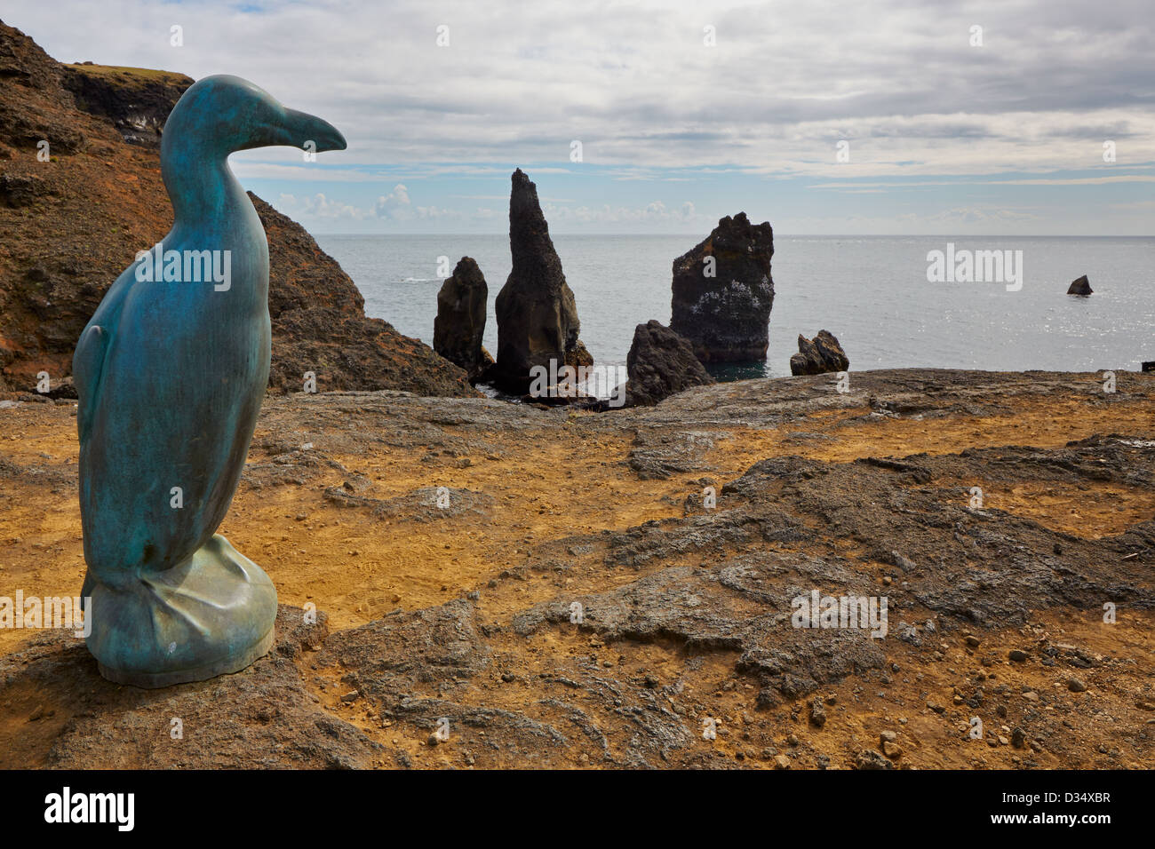 Great Auk Sculpture at Valahnukur coast, Iceland Stock Photo