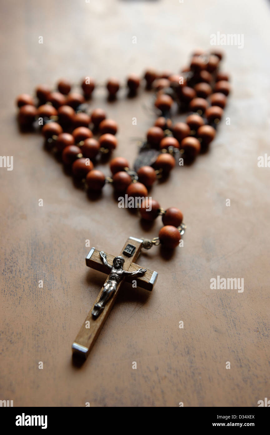Selective focus of a crucifix necklace rosary Stock Photo