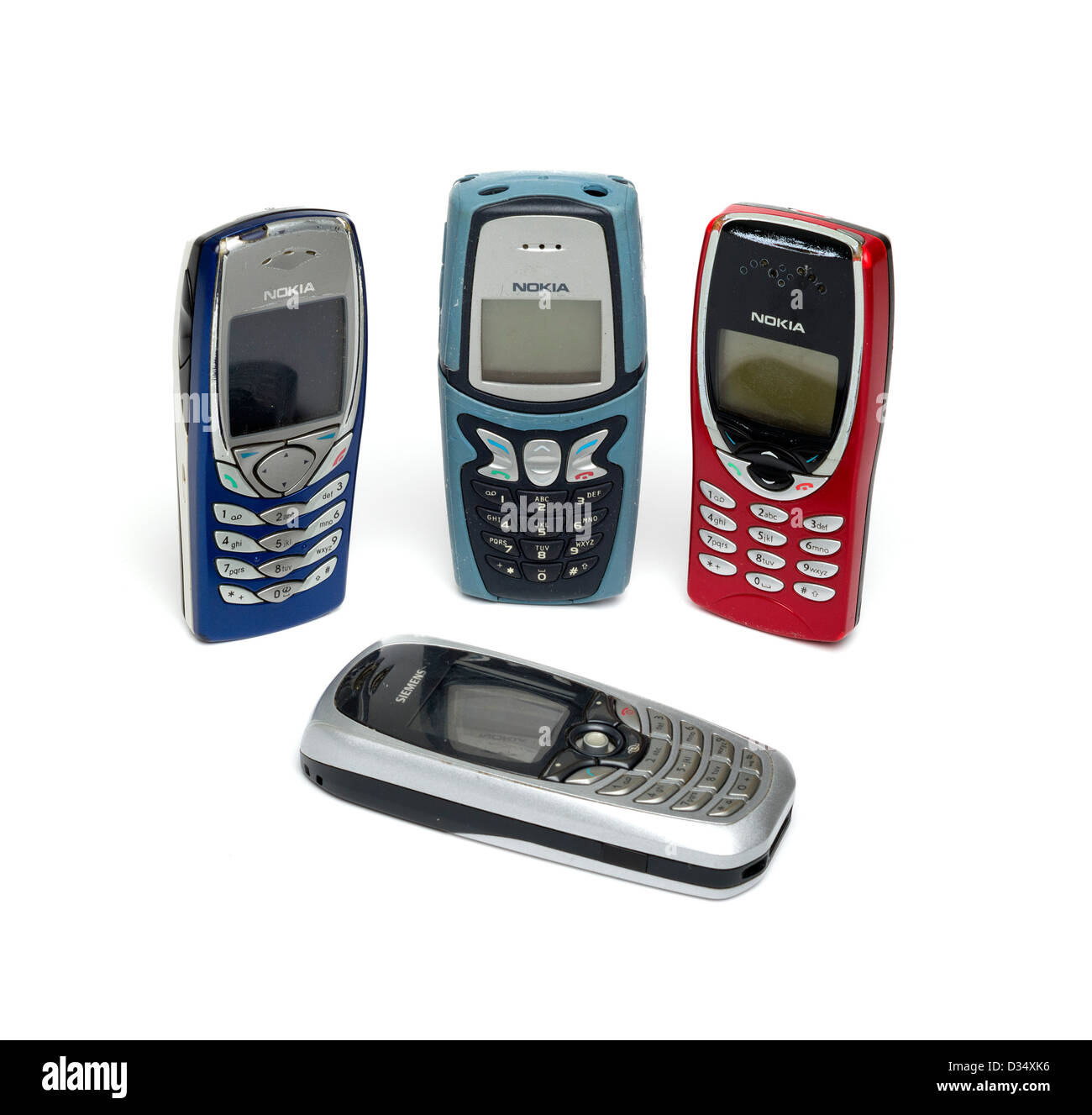 Selective focus of a bunch of old mobile phones Stock Photo
