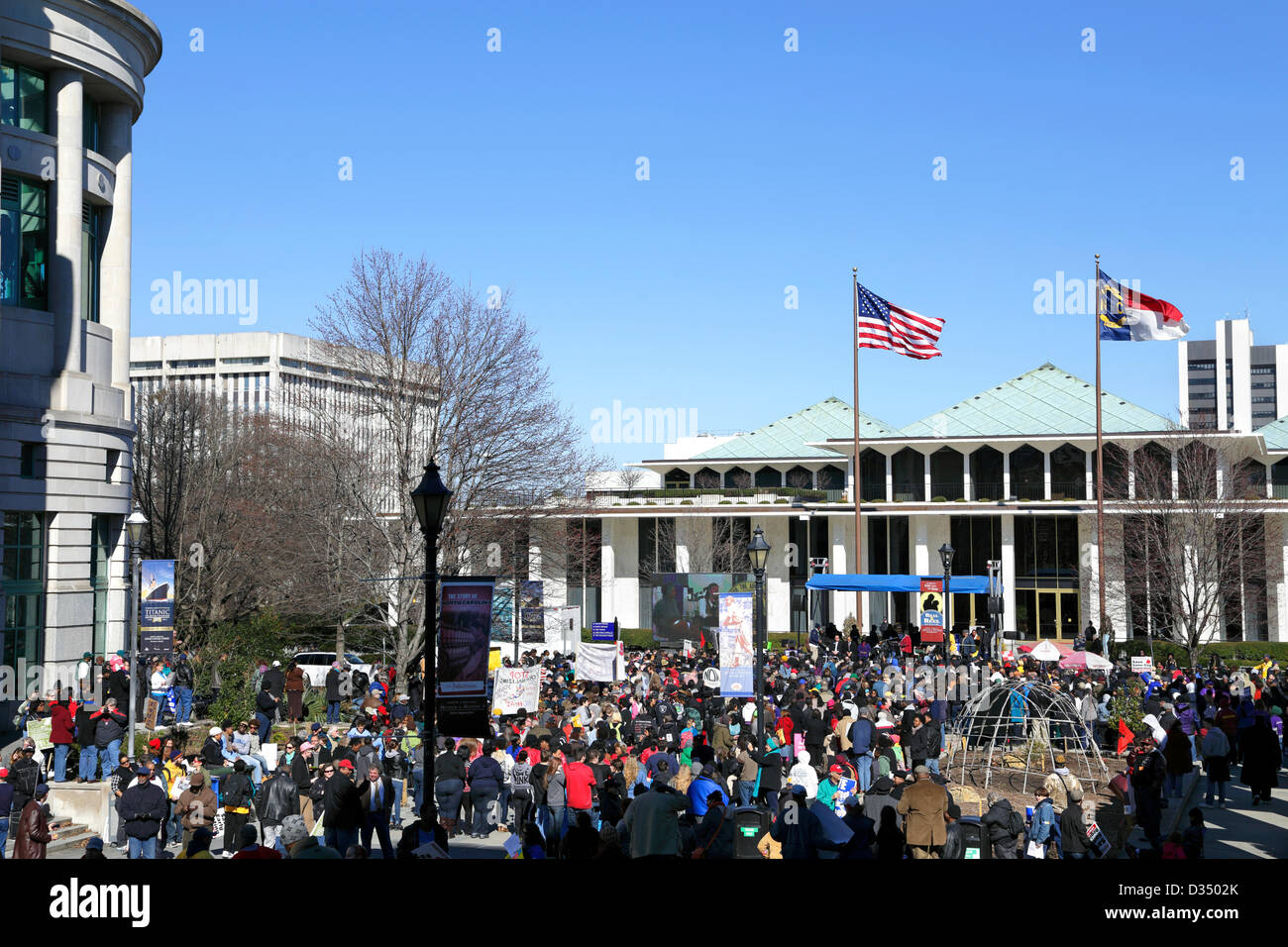 Raleigh, North Carolina, USA, February 9, 2013: Seventh 'Historic Thousands on Jones Street' (HKonJ7) demonstrators gather outside the State Legislative building. Stock Photo