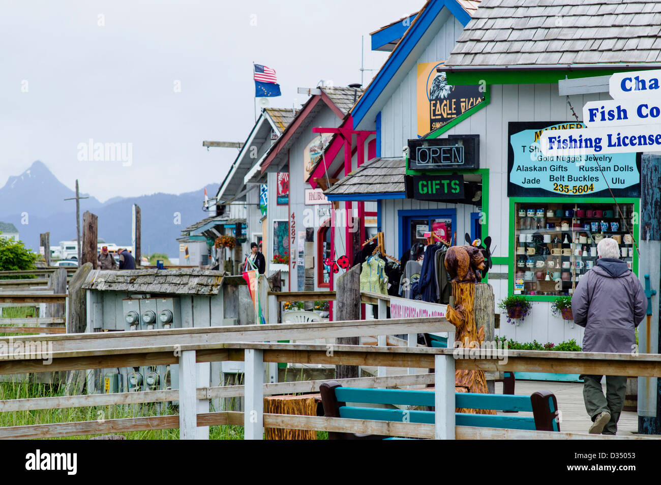 Gift shops, stores and restaurants along the Homer Spit, Homer, Alaska