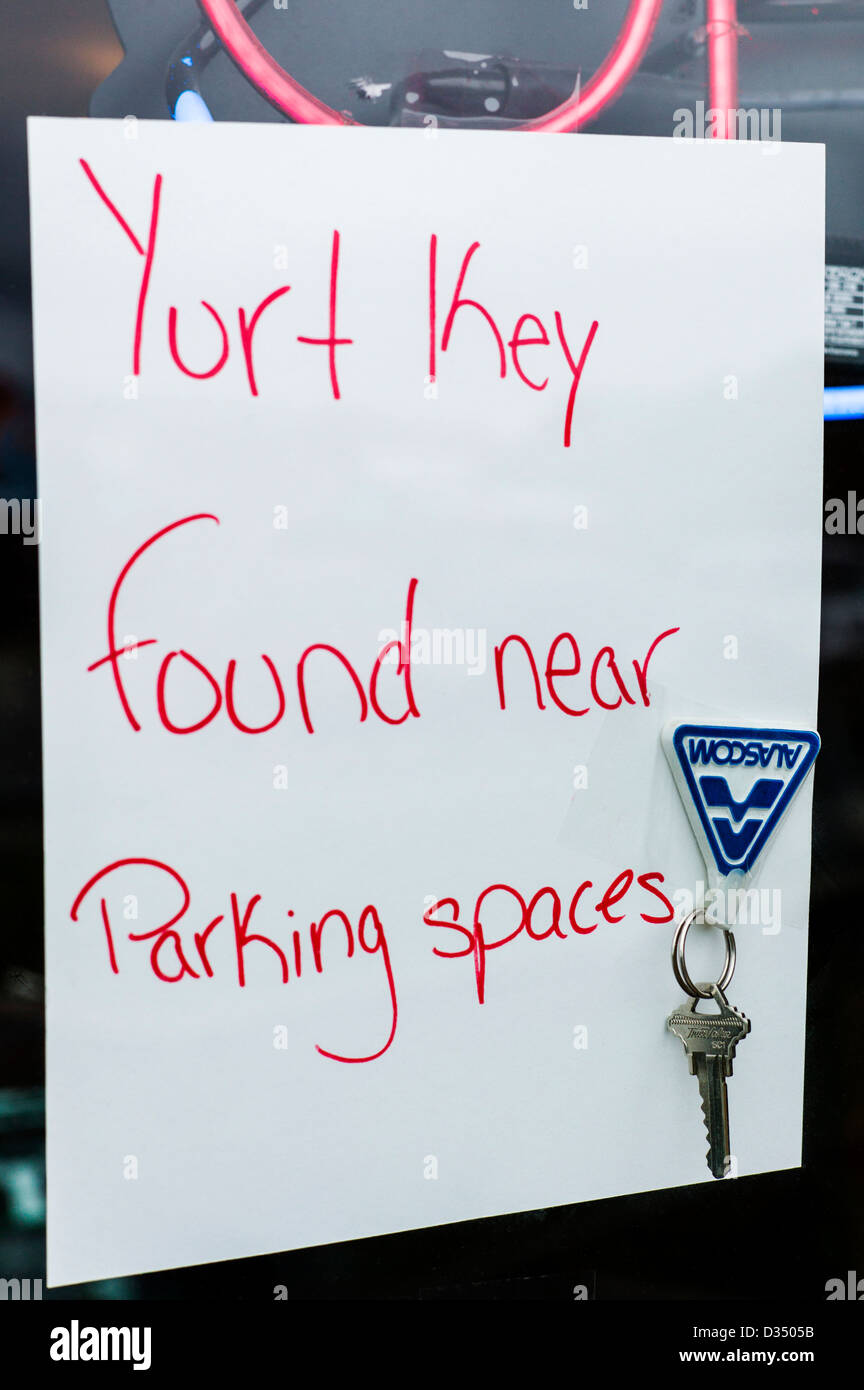 Lost key note tagged to a shop window along the Homer Spit, Homer, Alaska, USA Stock Photo