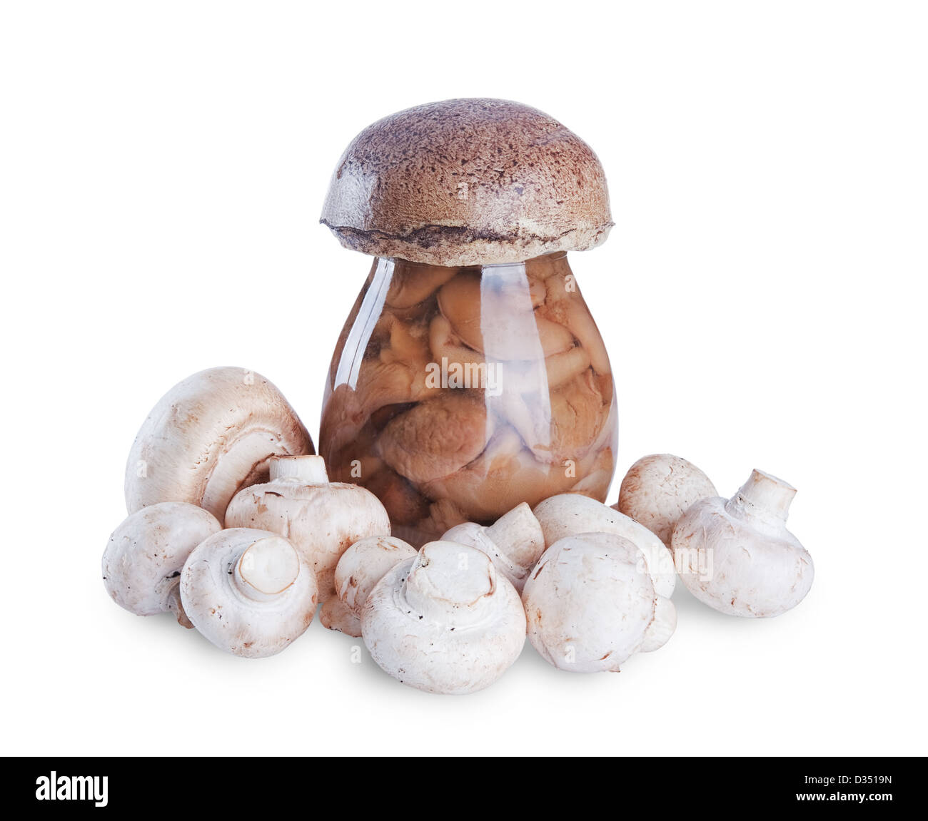 marinated mushrooms in the glass jar and fresh mushrooms isolated on