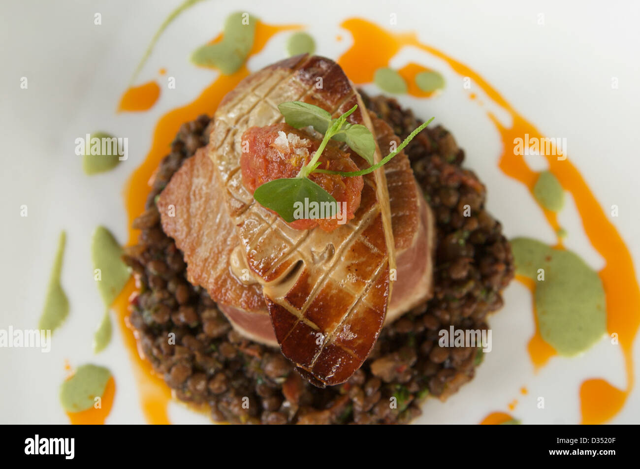 Pan fried tuna with seared foie gras, tomato chutney and spiced puy