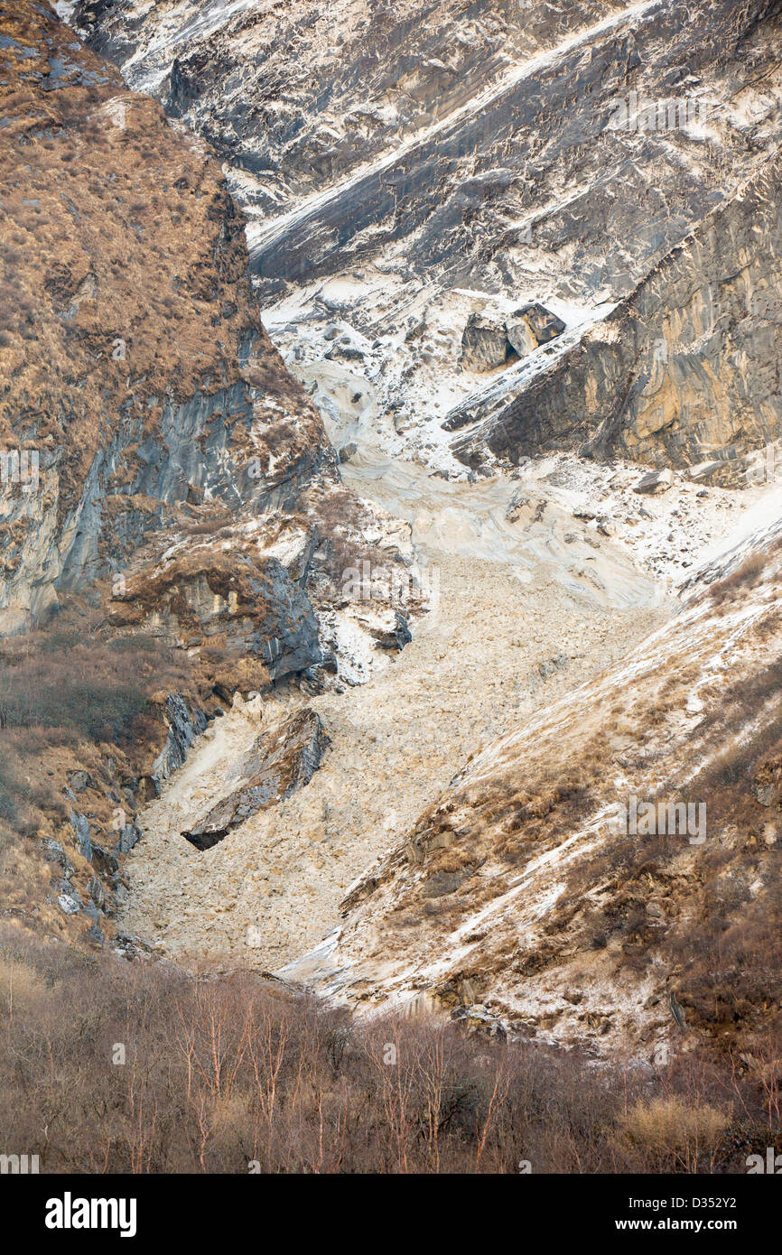 Debris from an avalanche on Machapuchare or Fishtail Peak in the Annapurna Himalaya, Nepal. Stock Photo