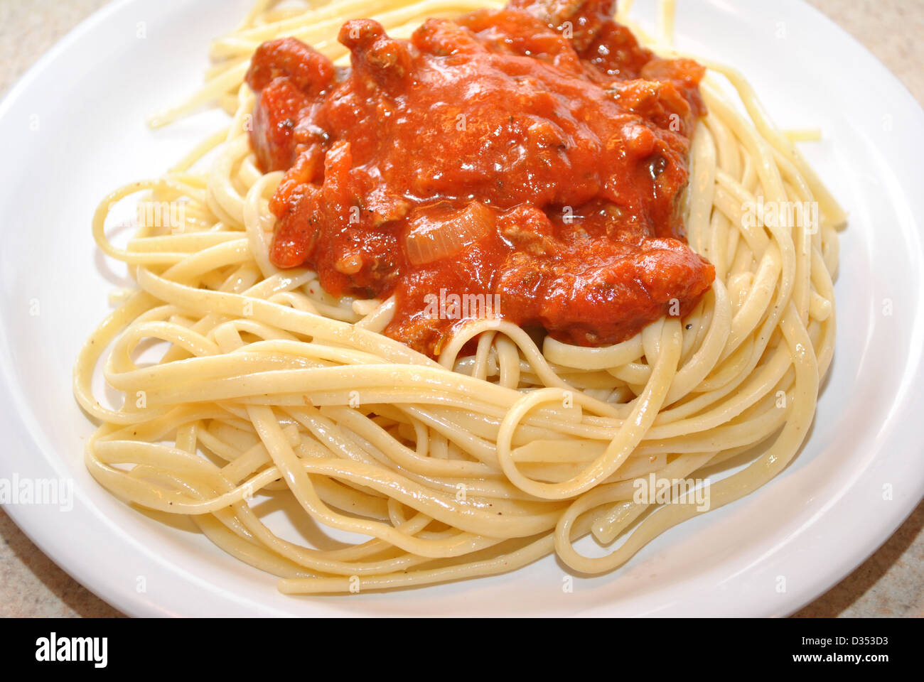Meal of Linguini with Bolognese Sauce Stock Photo