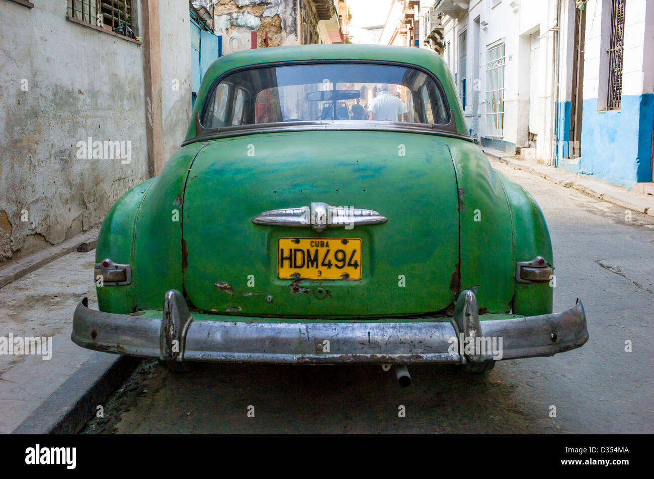 Old green american 1950's car Havana Cuba near Riviera cinema in Havana