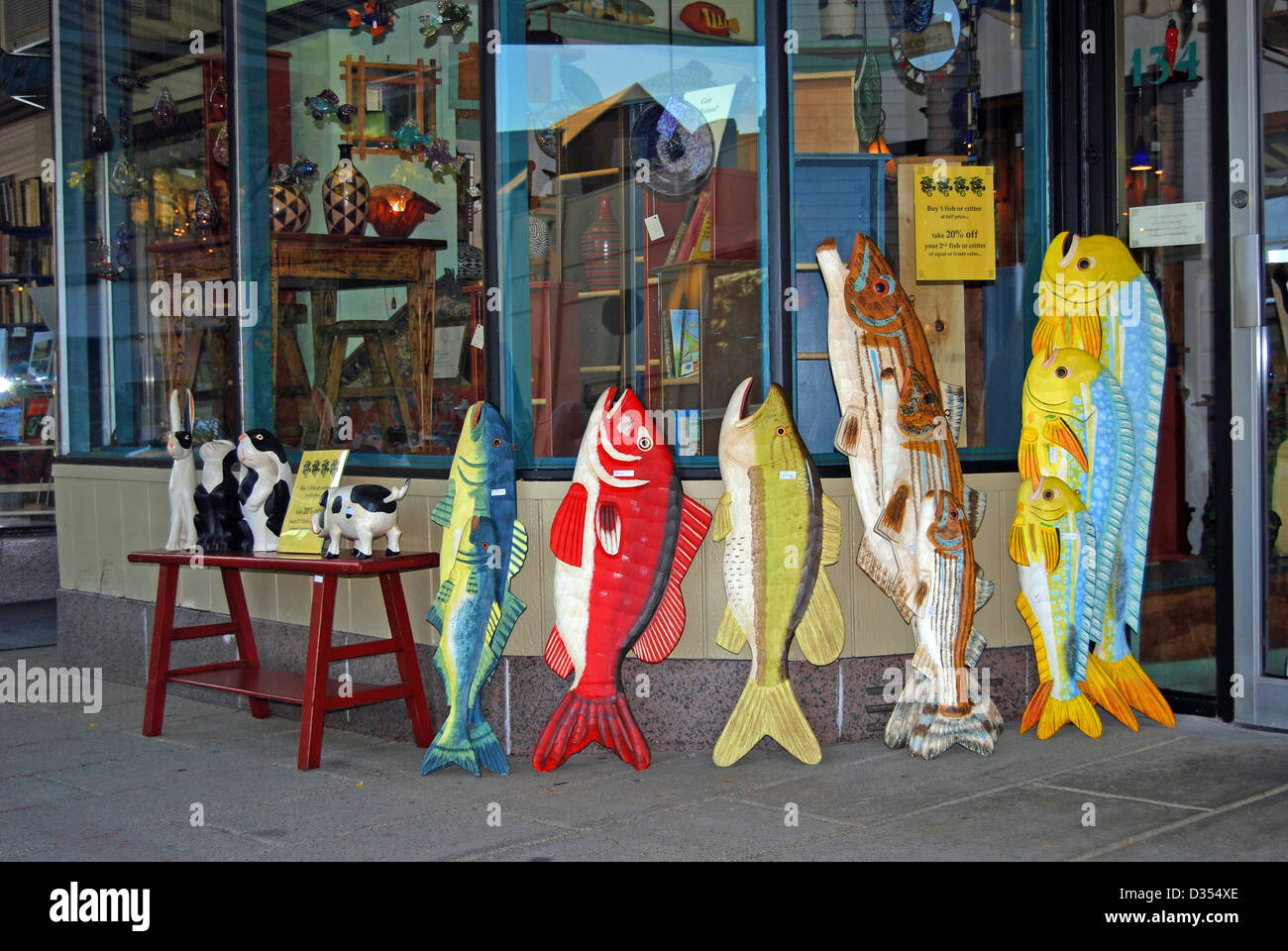 Wooden fish at The Menage Gallery on Main Street in Gloucester, Ma