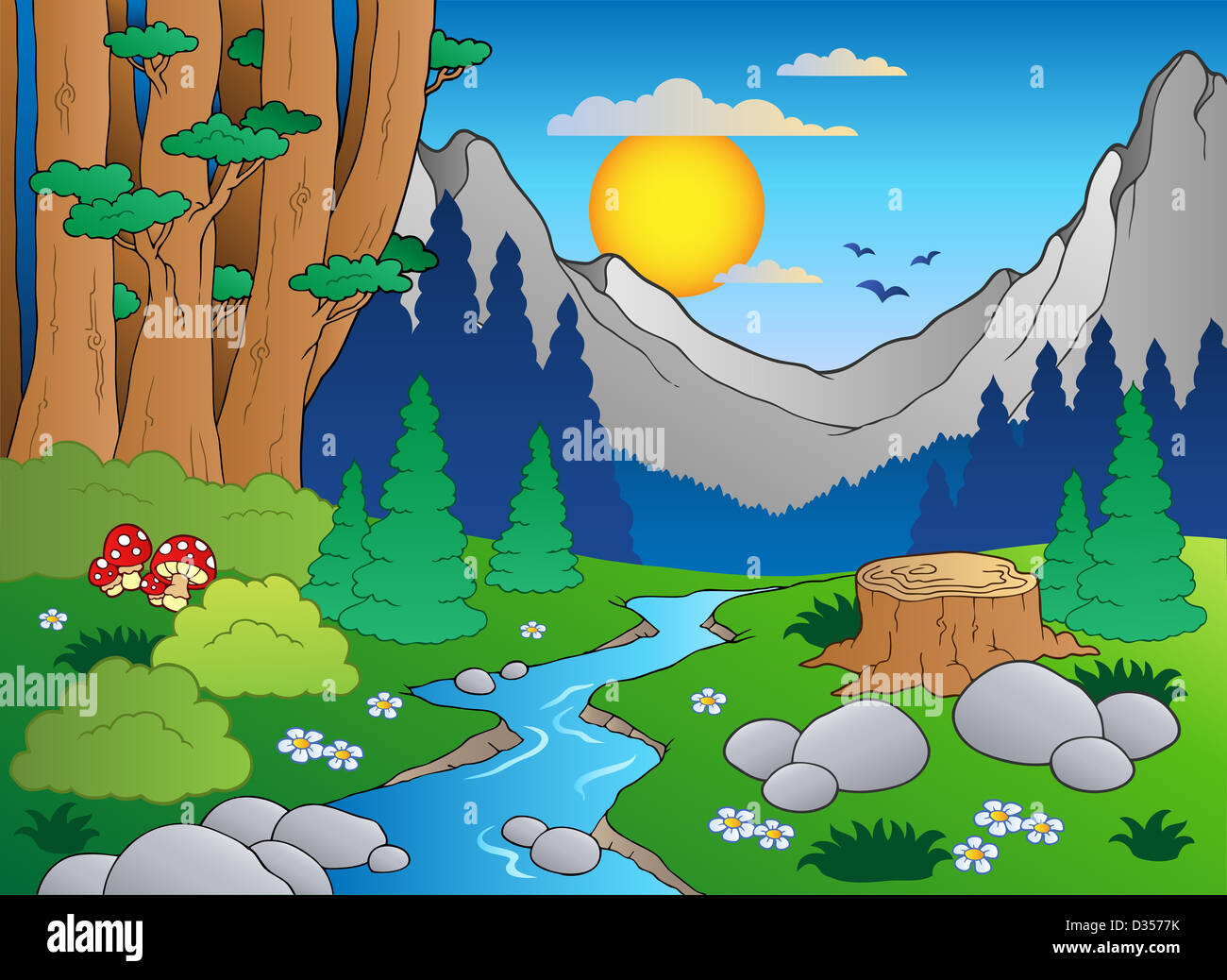 Cartoon forest landscape 2 - color illustration Stock Photo - Alamy