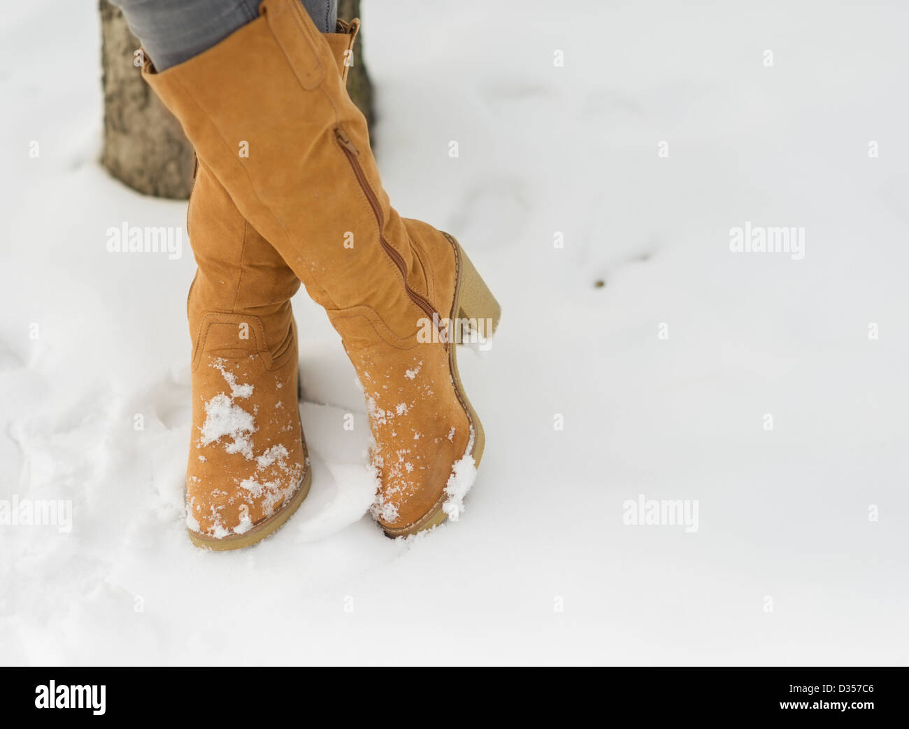Closeup on woman legs in winter boots on snow Stock Photo