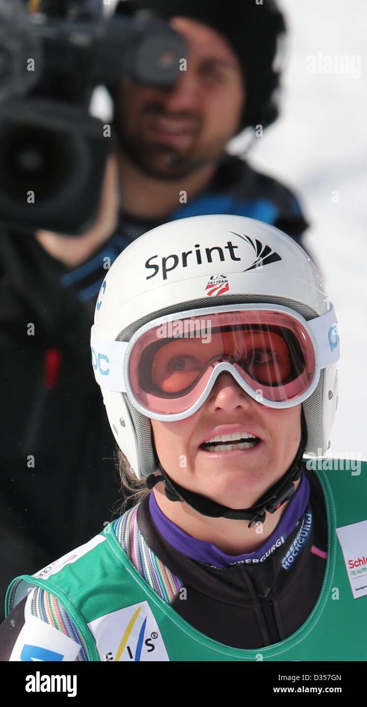 Julia Mancuso of US reacts during the women's downhill event at the Alpine Skiing World Championships in Schladming, Austria, 10 February 2013. Photo: Karl-Josef Hildenbrand/dpa Stock Photo