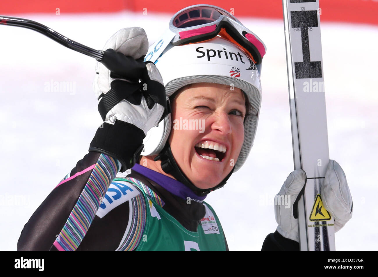 Julia Mancuso of US reacts during the women's downhill event at the Alpine Skiing World Championships in Schladming, Austria, 10 February 2013. Photo: Karl-Josef Hildenbrand/dpa +++(c) dpa - Bildfunk+++ Stock Photo
