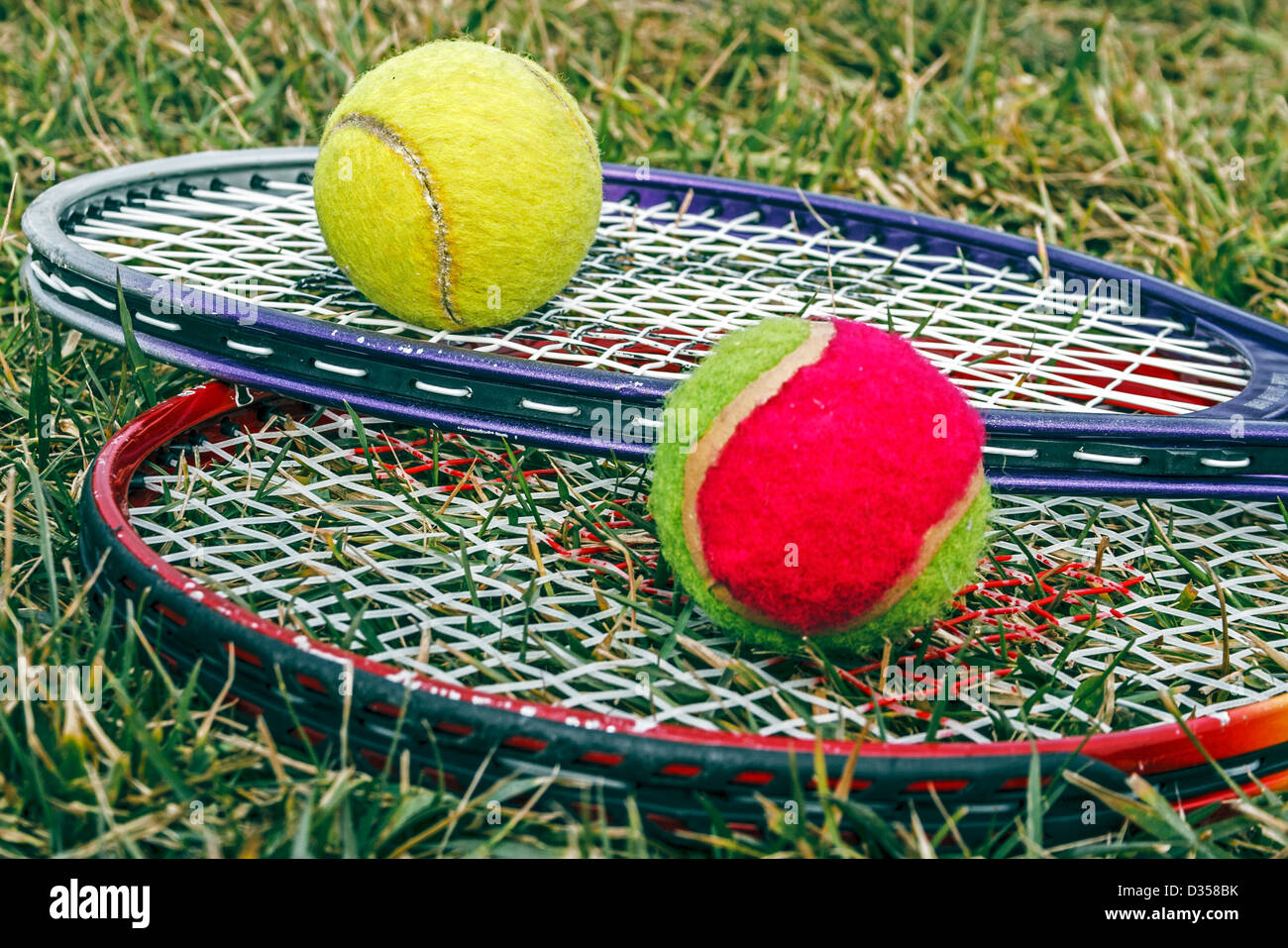 Badminton rackets and balls placed on the grass. Stock Photo