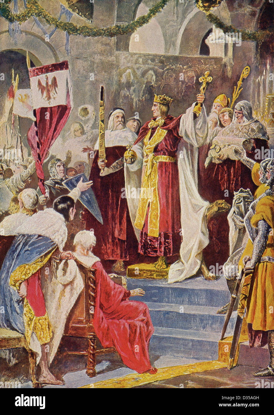 Rudolf of Hapsburg takes a crucifix from the altar  and says it will do for princes to pledge allegiance. Stock Photo