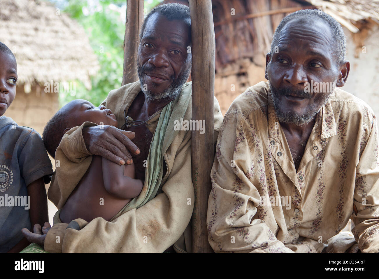 CONGO, 26th Sept 2012: A community of Bata pigmy people, Sieh village.  They used to hunt elephant. Stock Photo