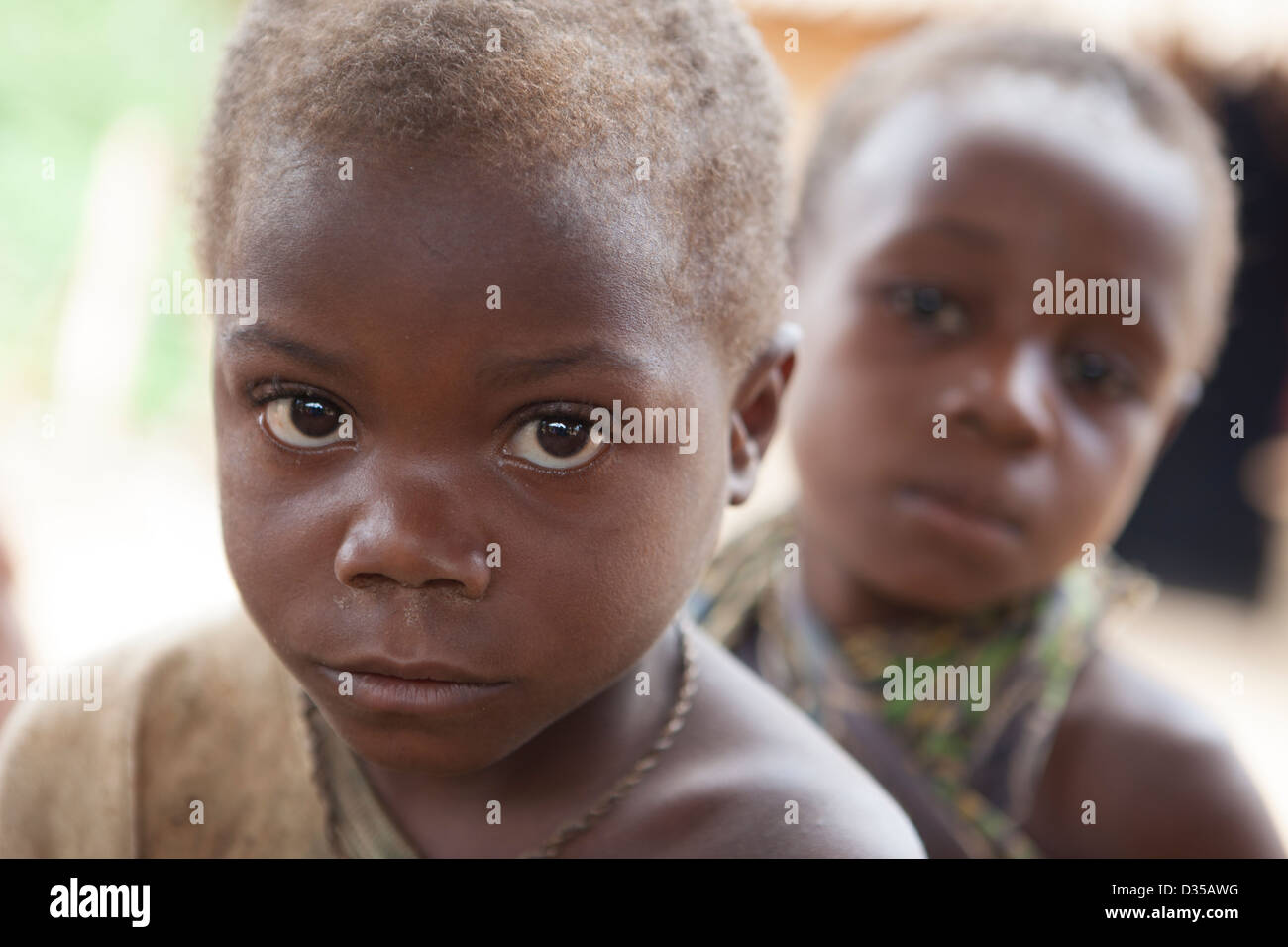 CONGO, 26th Sept 2012: Young children in a community of Bata pigmy people, Sieh village. Stock Photo