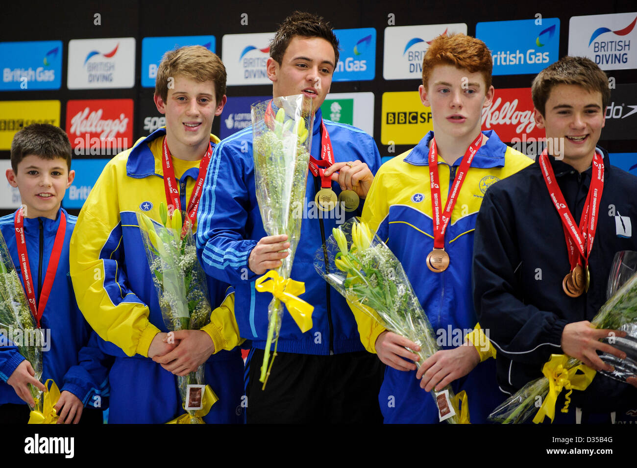 10.02.2013 Plymouth, England. The Mens 10m Platform Final podium. L-R Junior Runner-Up Matthew Dixon (Plymouth Diving), Senior runner-up James Denny (City of Leeds Diving Club), Senior champion Tom Daley (Plymouth Diving), Junior third placed finisher Sam Thornton (City of Leeds Diving Club) and Senior third place and Junior campion Daniel Goodfellow (Cambridge Dive Team) pose on Day 3 of the British Gas Diving Championships 2013 at Plymouth Life Centre. Stock Photo