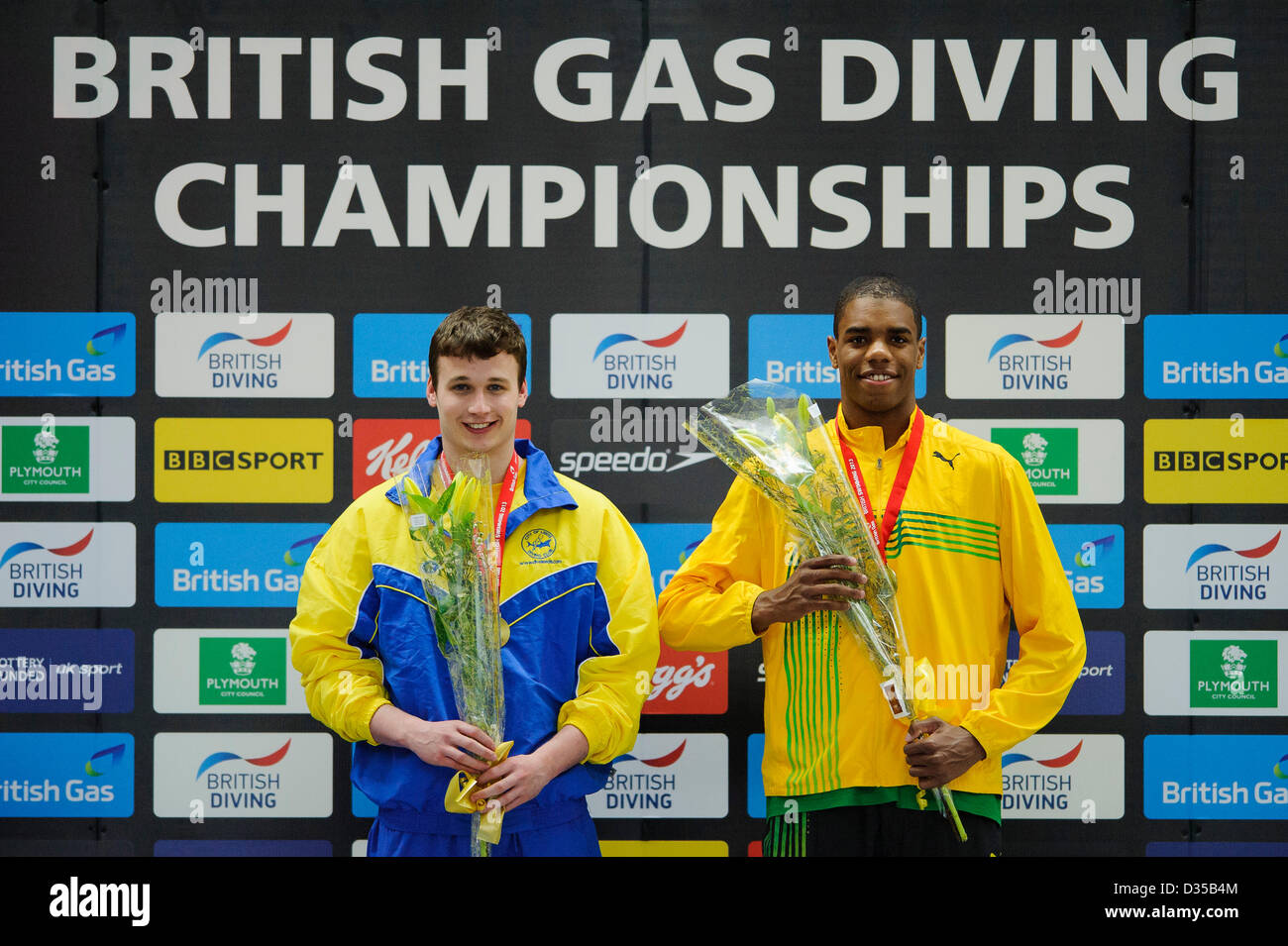 10.02.2013 Plymouth, England. Matthew Roberts and Yona Knight-Wisdom and  (City of Leeds Diving Club and Jamaica) collect their medals on the podium after winning the Mens 3m Synchro Springboard Final on Day 3 of the British Gas Diving Championships 2013 at Plymouth Life Centre. Stock Photo
