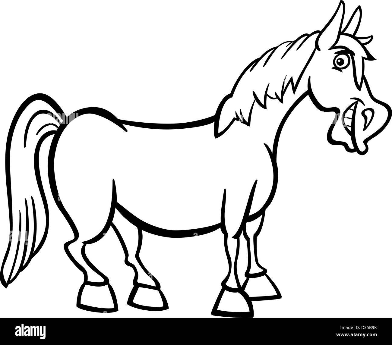 Black and White Cartoon Illustration of Funny Horse Farm Animal for