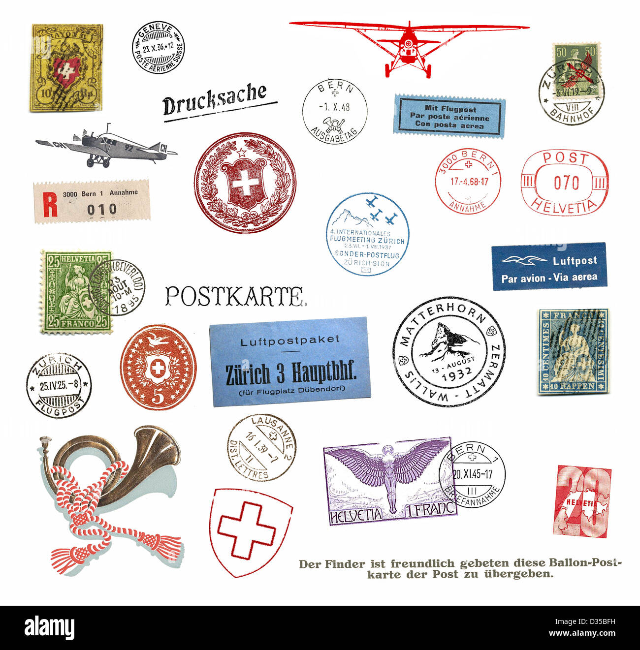 Vintage postage stamps and labels from Switzerland Stock Photo