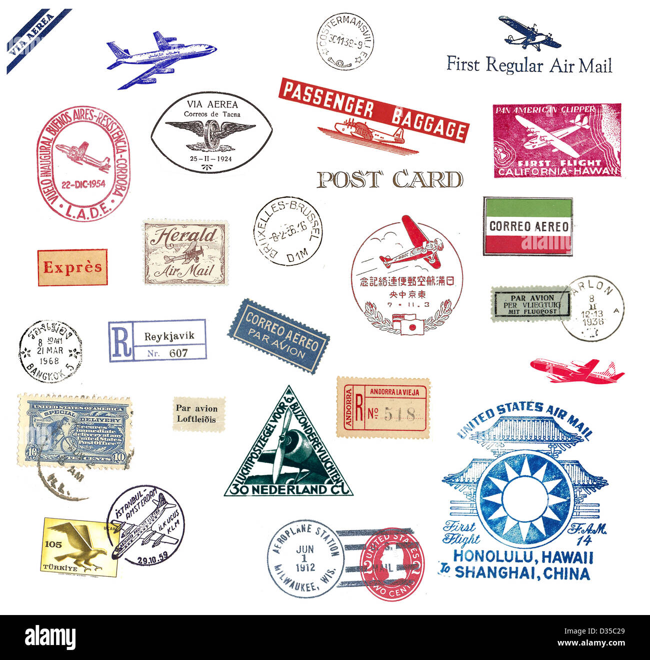 Vintage postage stamps and airmail labels from all over the world Stock