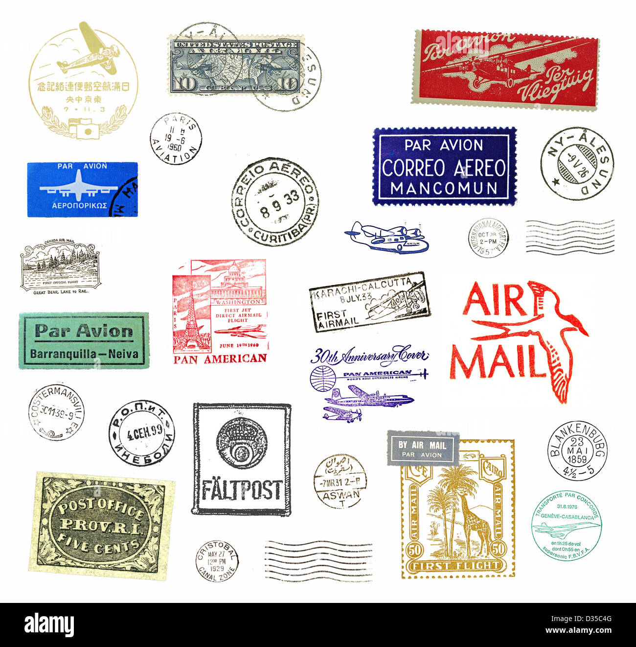 Vintage postage stamps and airmail labels from all over the world Stock