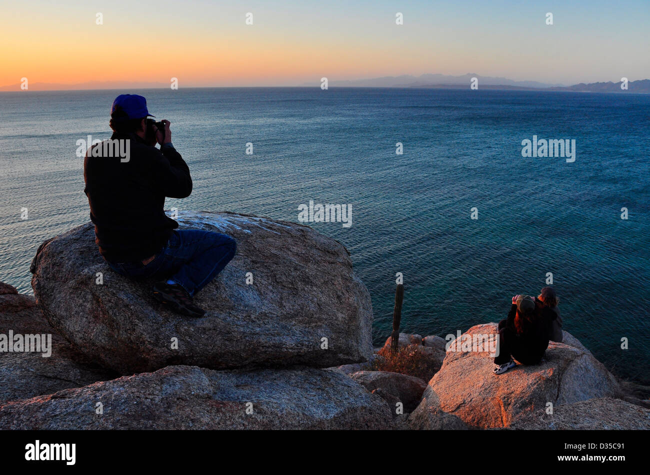 Photographing sunrise, Isla Espiritu Santo, Sea of Cortez, Baja California, Mexico. Stock Photo