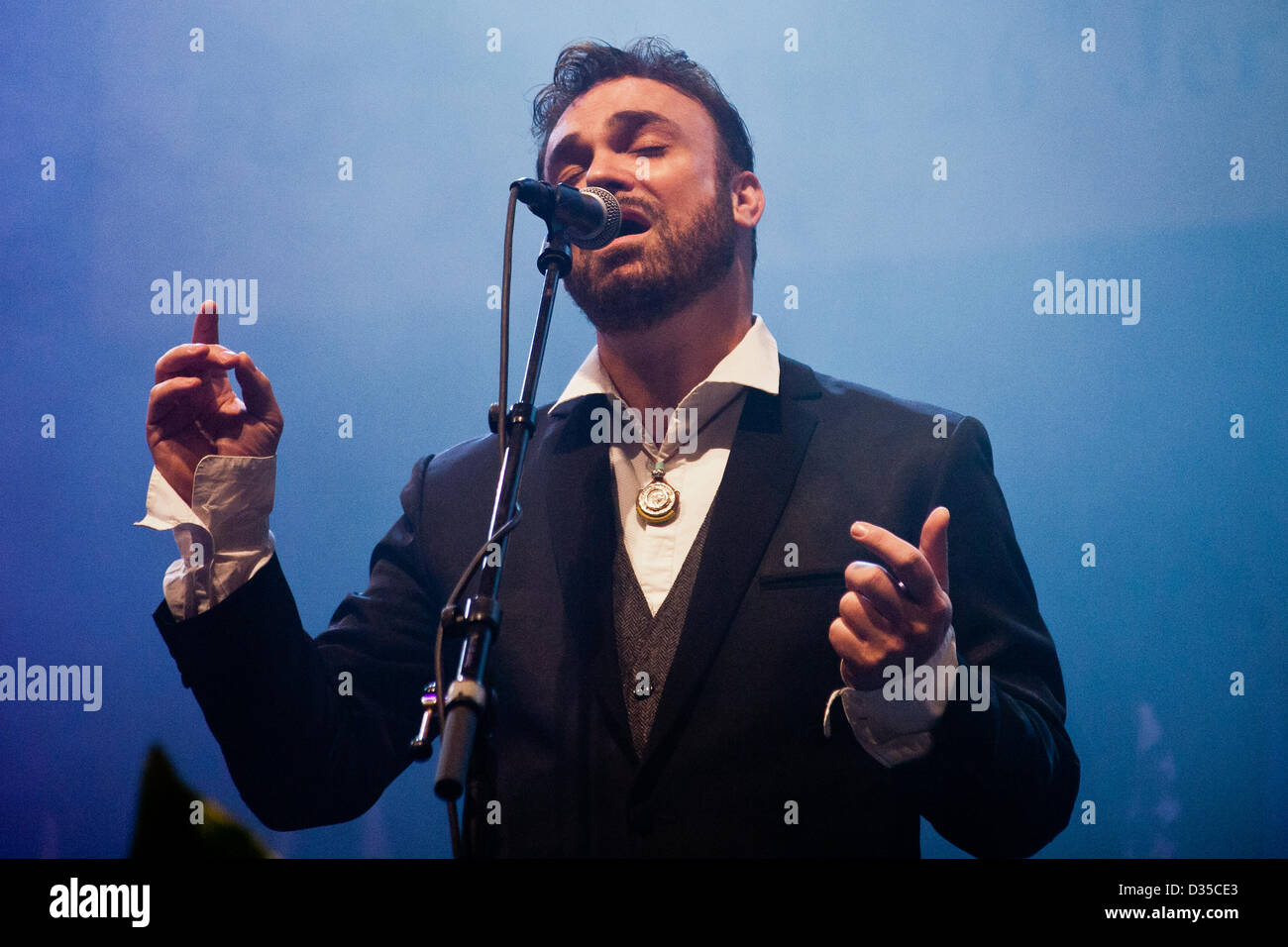 David D'Or, Israeli singer, composer, and songwriter, a countertenor with a vocal range of more than four octaves, performs at the opening ceremony of the Jerusalem International Book Fair. Jerusalem, Israel. 10-Feb-2013.  First held in 1963, the Jerusalem International Book Fair is a unique biennial event, business fair and a prestigious and important cultural event. 600 publishers and authors from more than 30 countries display more than 100,000 books. Stock Photo