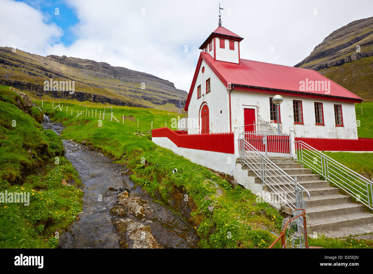 Church in Arnafjordur, Bordoy Island, Faroe Islands Stock Photo
